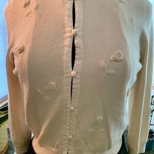 Ann Taylor Silk Cream Cardigan with Embroidered Rose Patterned Design